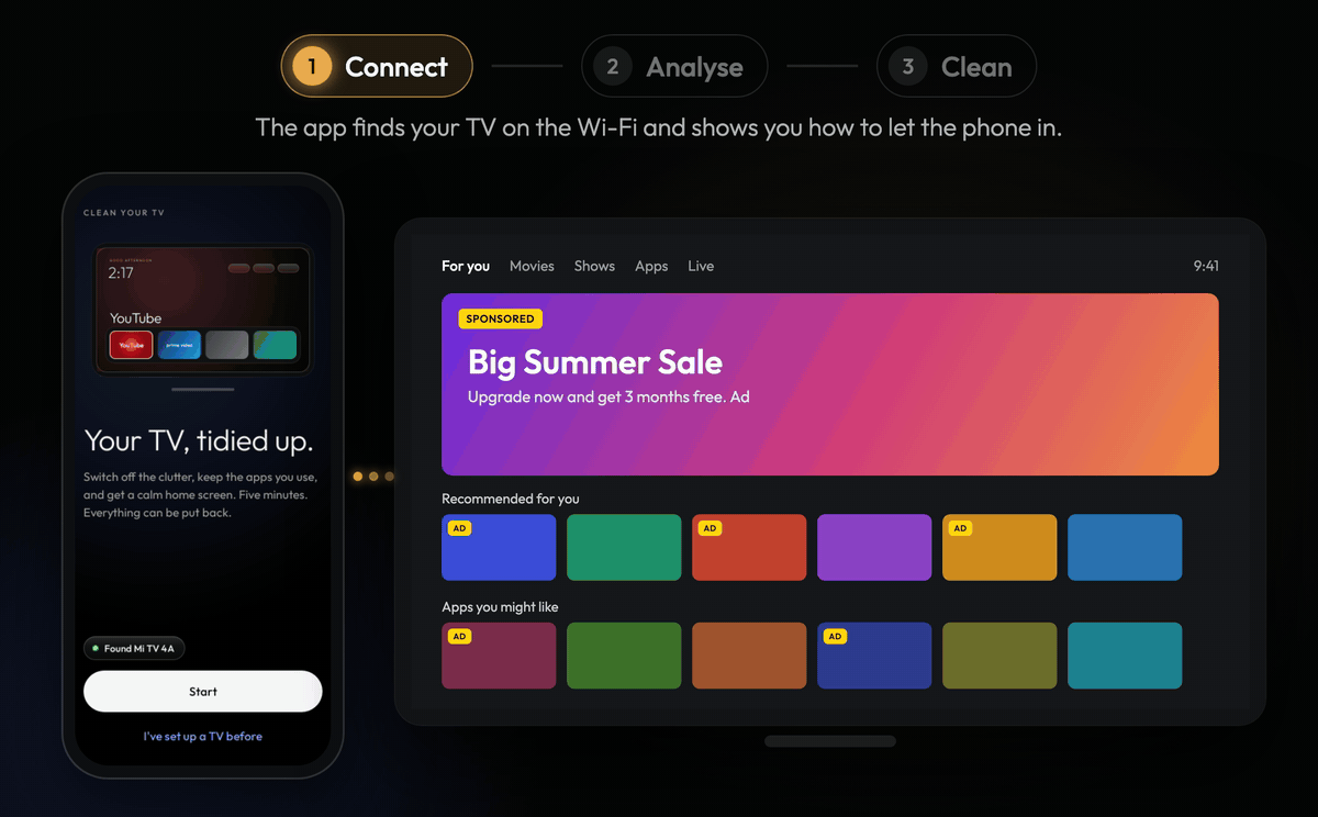 The three steps with phone and TV side by side: the app finds the TV and the TV asks to allow the phone, the phone shows what it found while the TV is untouched, then the phone shows Making it clean while the TV ends on its new home screen.