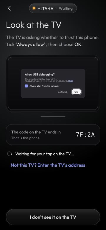 Look at the TV: the TV asks whether to trust this phone. Tick Always allow, then choose OK.